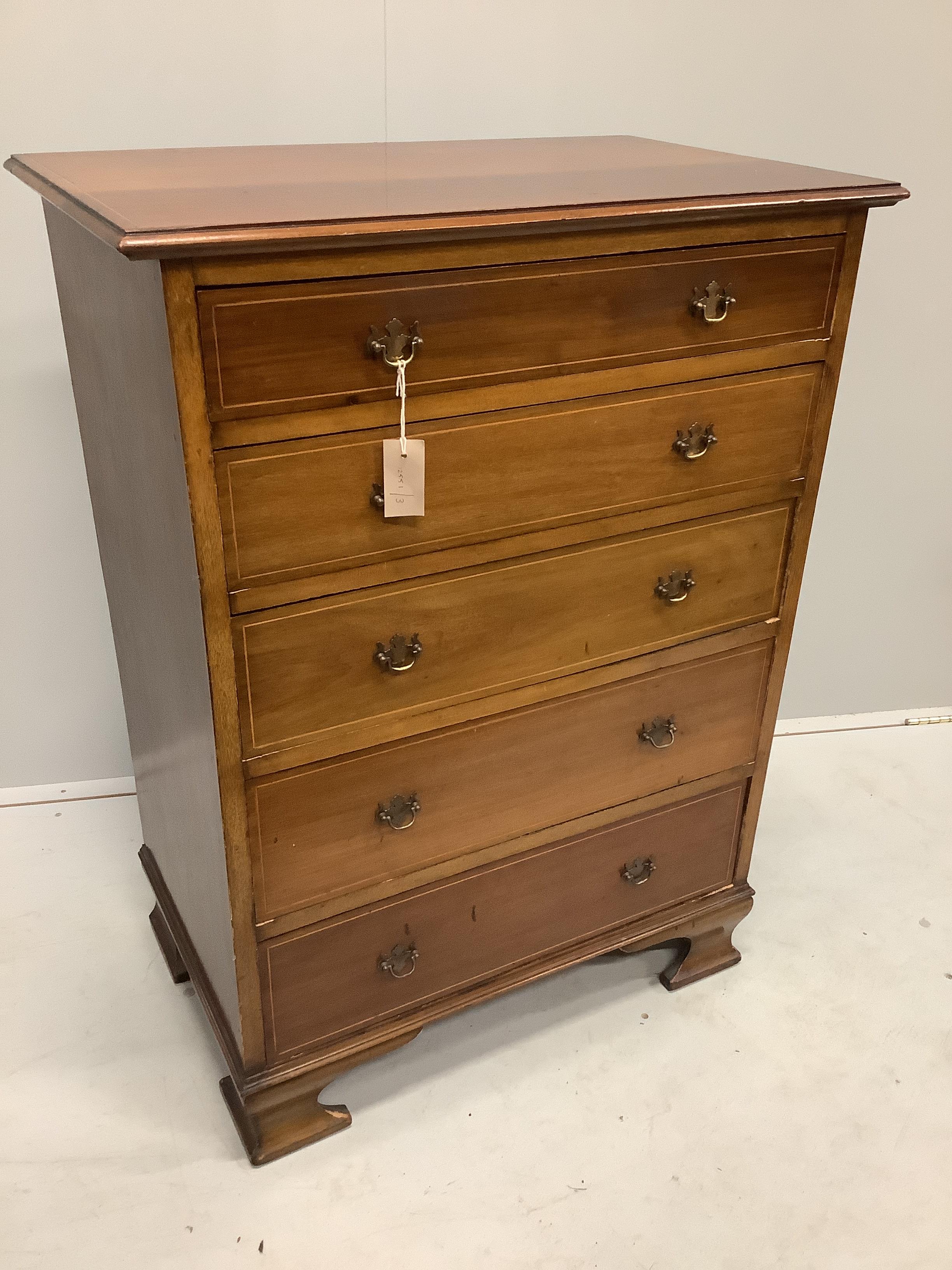 A small Edwardian mahogany five drawer chest, width 76cm, depth 46cm, height 102cm